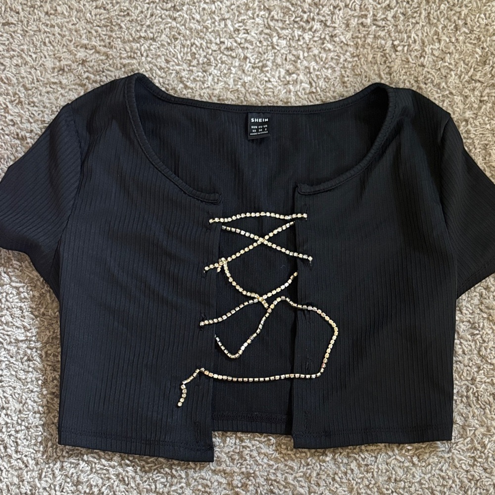 SHEIN Black Crop Top with Crisscross Rhinestones